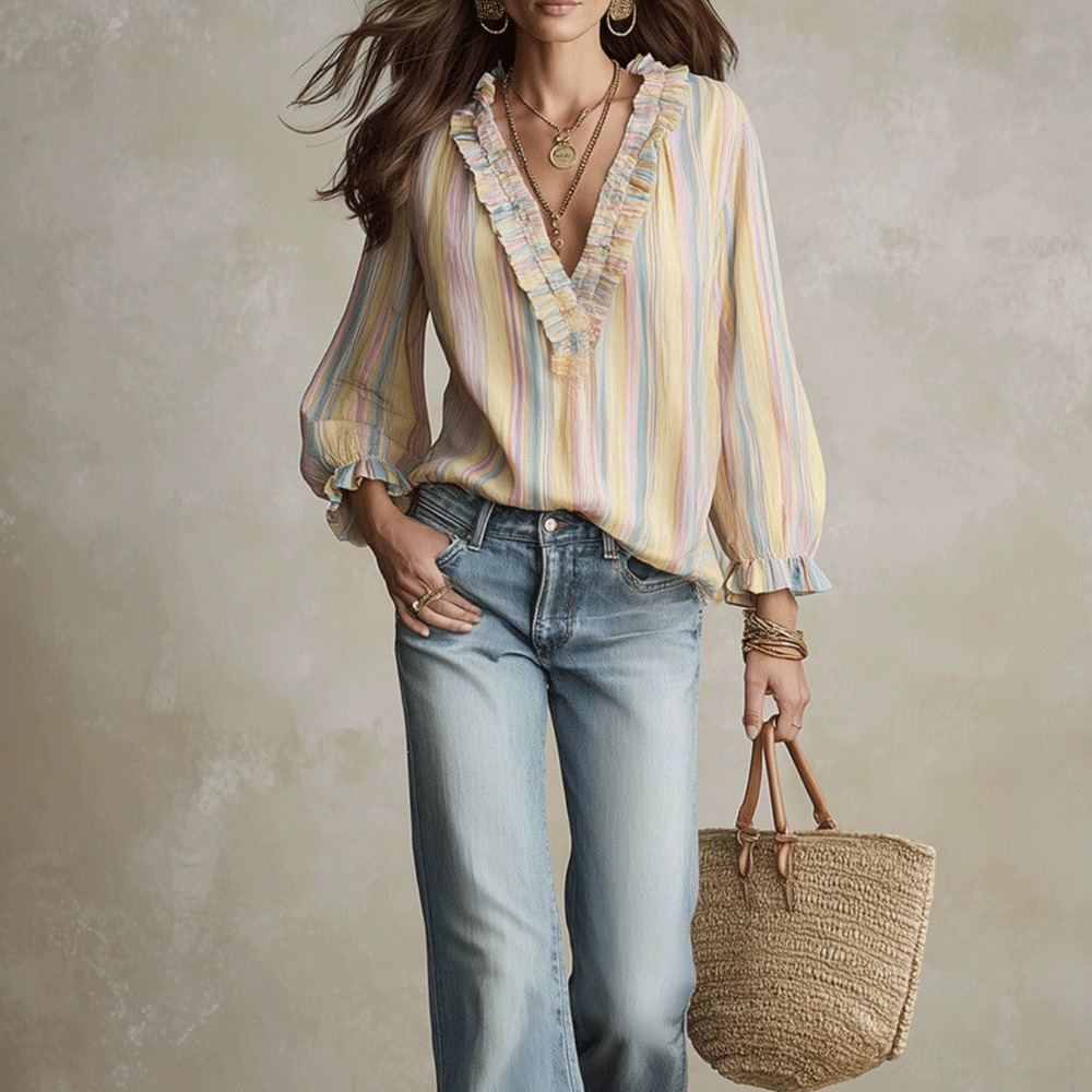 Forever 21 Fall Striped Print Ruffle Collar Loose Shirt Vacation Long-Sleeve